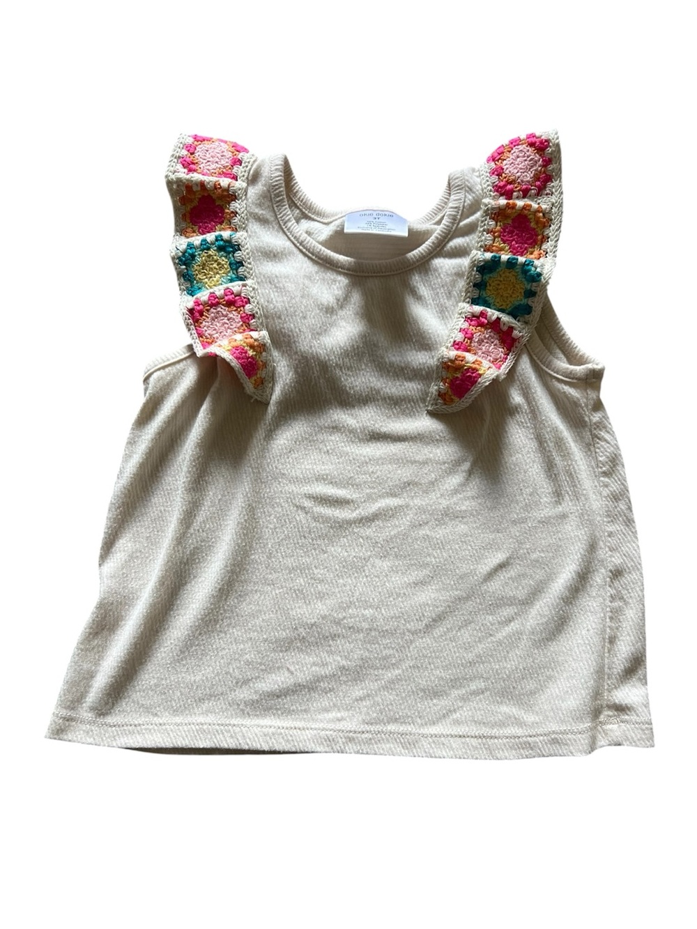 Okie Dokie Cream Ribbed Tank Top with Crochet Flutter Sleeves | Size 3T